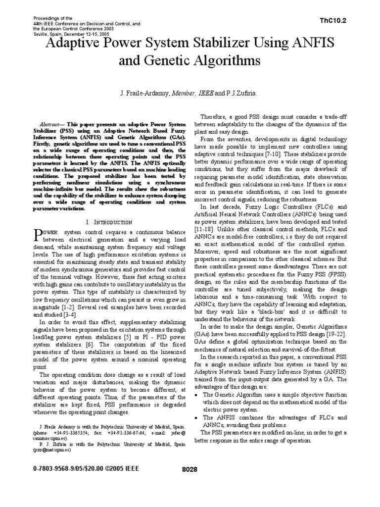 Adaptive Power System Stabilizer Using ANFIS and Algorithms