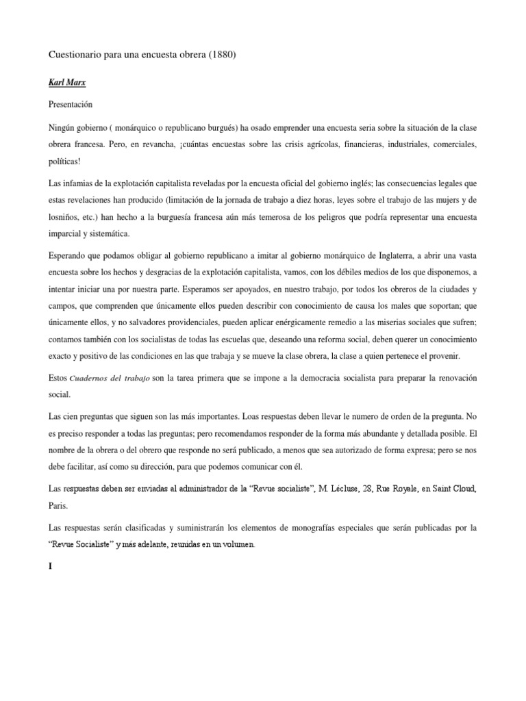 Cuestionario Marx 1880 | PDF