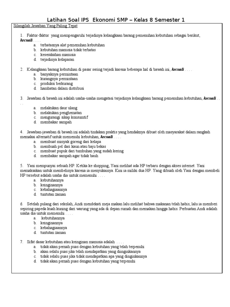 Latihan Soal Ips Ekonomi Smp
