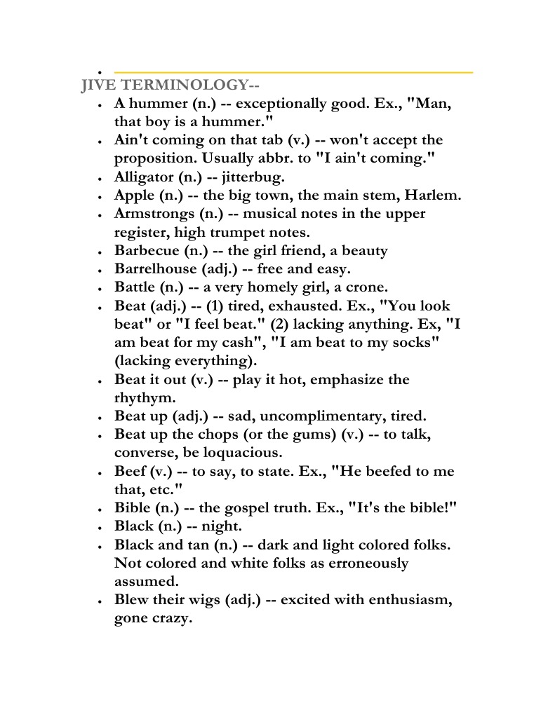 Jive Slang Dictionary and Examples | PDF | Leisure | Entertainment ...