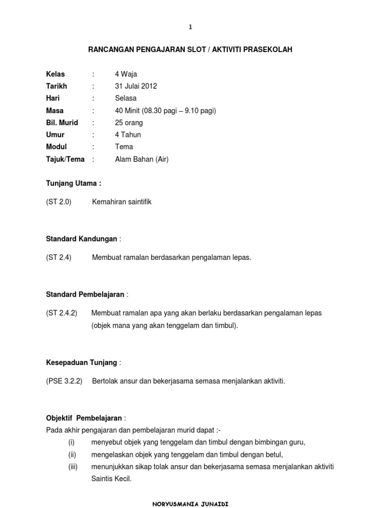 Rancangan Pengajaran Harian Rph Sains Prasekolah