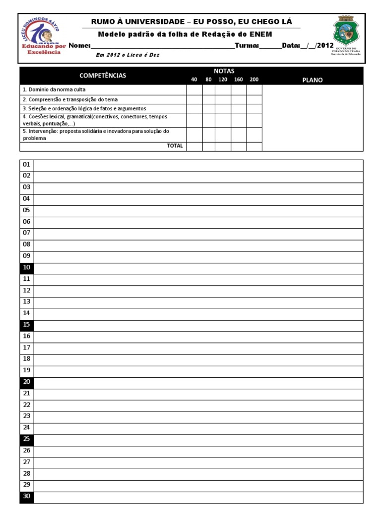 Modelo padrão da folha de Redação do ENEM