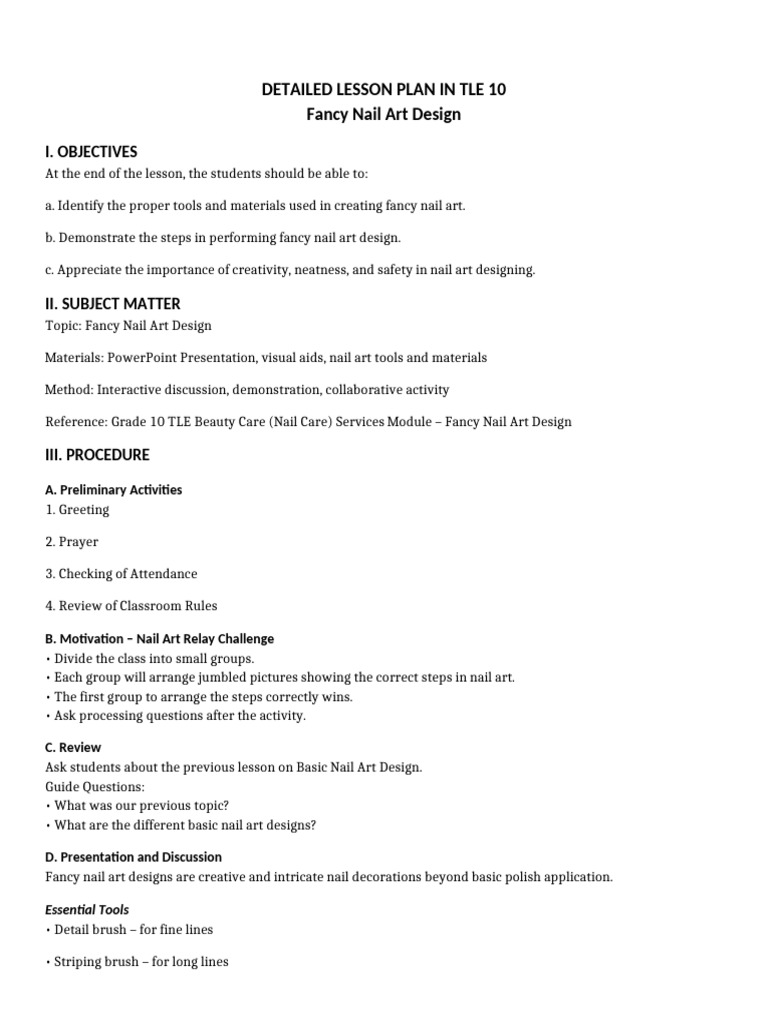 Detailed Lesson Plan in Tle 10 | PDF | Nail (Anatomy)