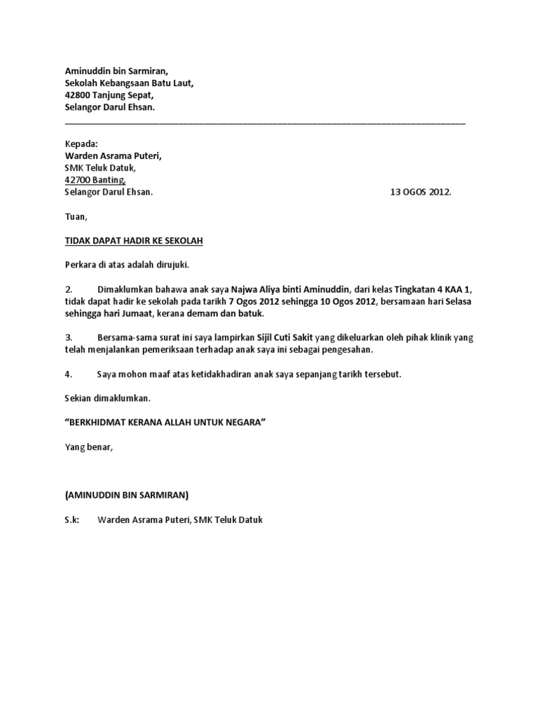 Surat Tidak Hadir Ke Sekolah Pdf