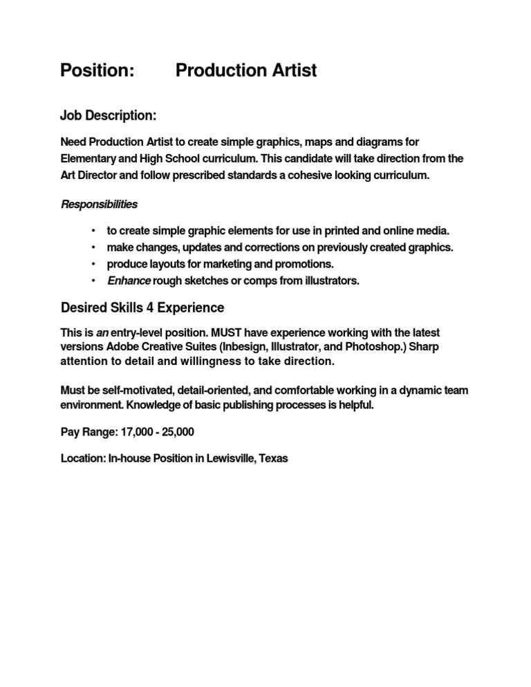 Entry-Level Production Artist Job in Texas | PDF