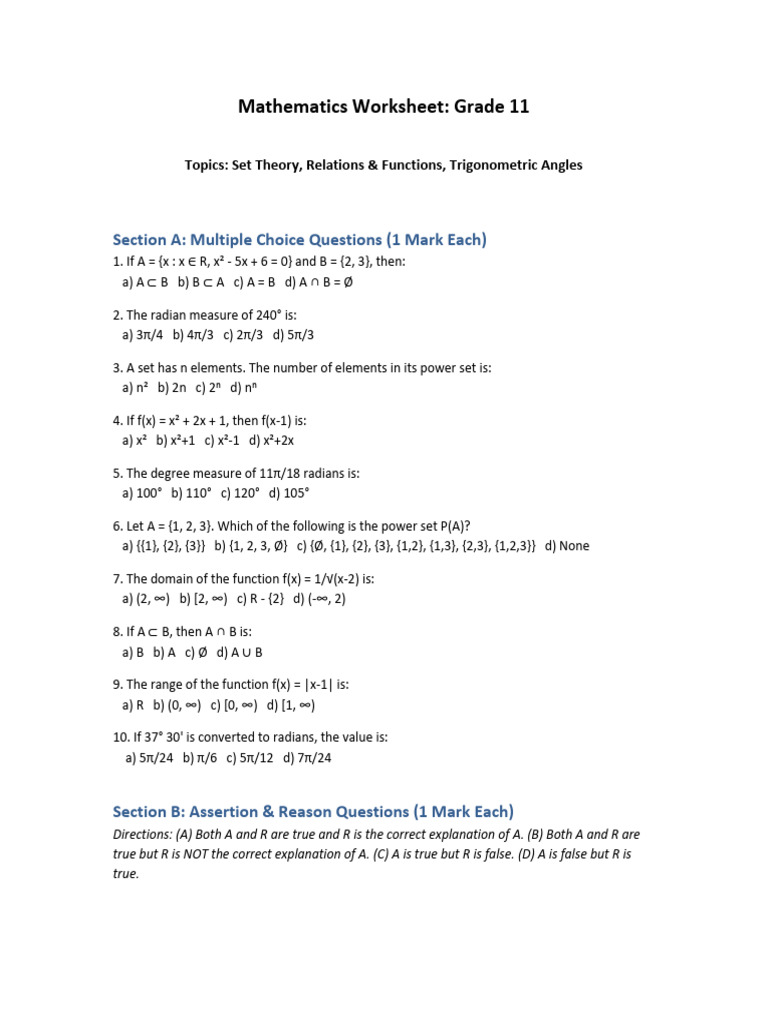 Grade 11 Math Worksheet Holiday Homework | PDF | Function (Mathematics ...