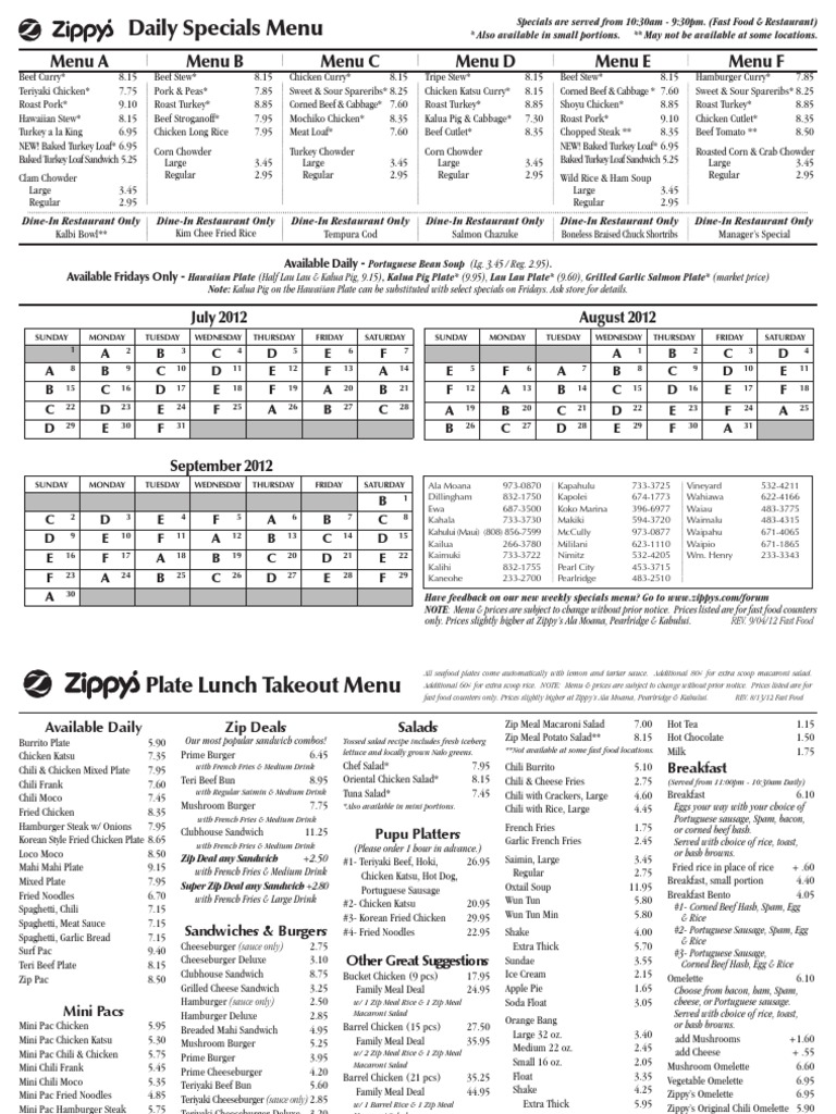 Zippy's Kahala Daily Specials Menu | PDF | Hamburgers | North American ...