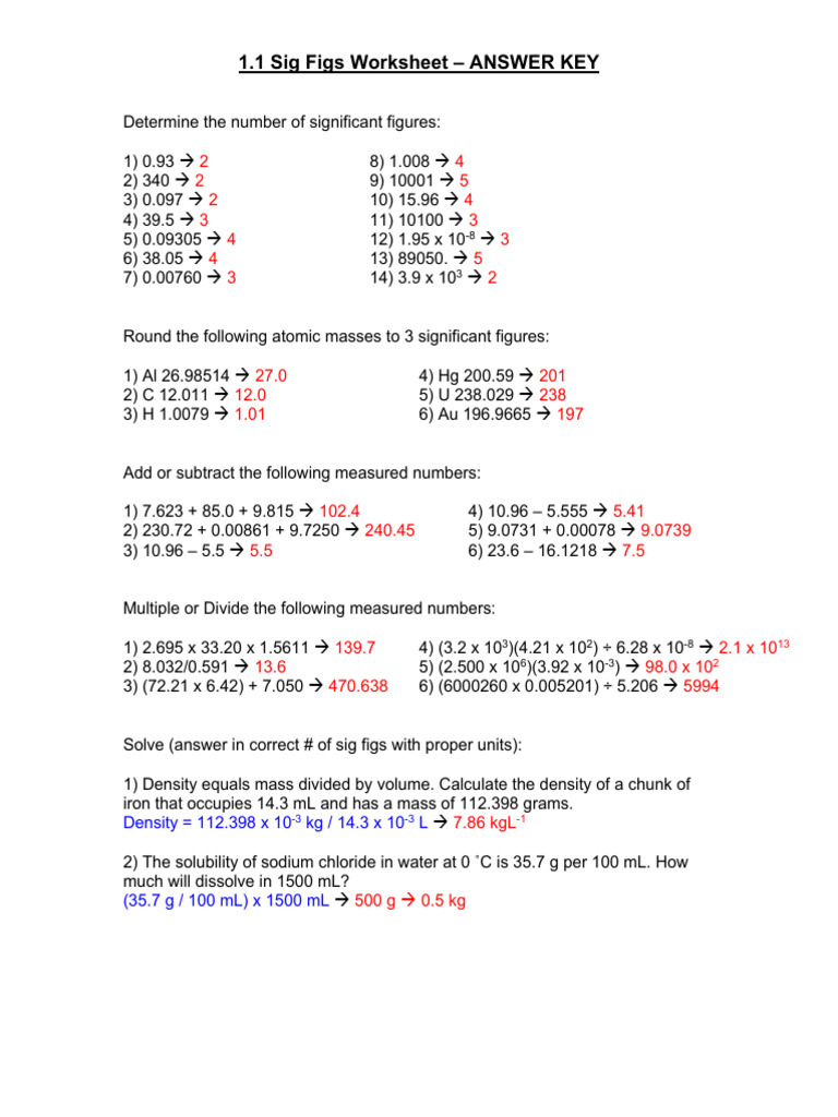 1.1 Sig Figs Worksheet KEY | PDF