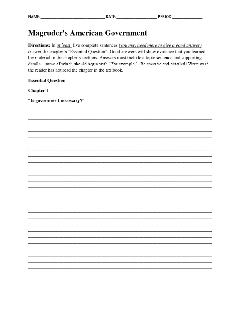 Chapter 1 - Essential Question Worksheet - Magruders' American Government
