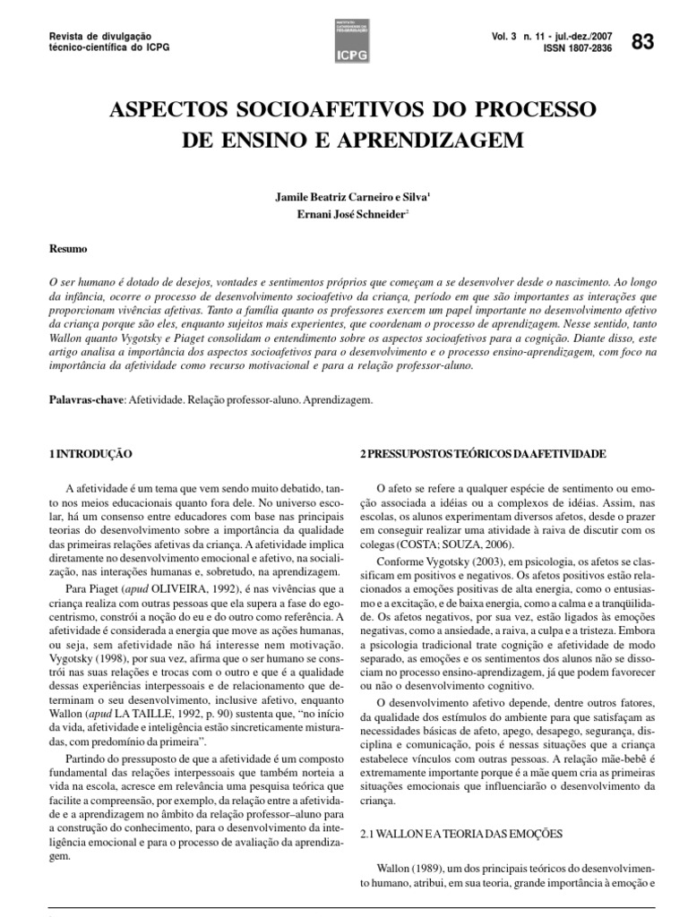 Aspectos Socioafetivos Do Processo de Ensino e Aprendizado | PDF, image size:768x1024