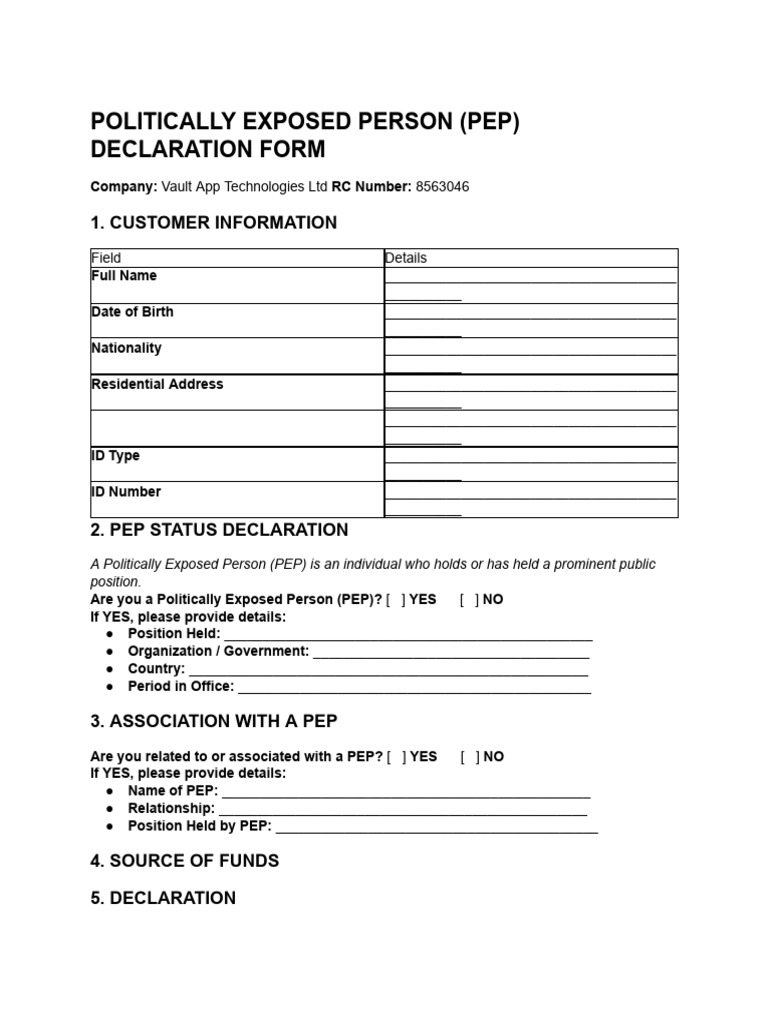 Politically Exposed Person (Pep) Declaration Form ... | PDF