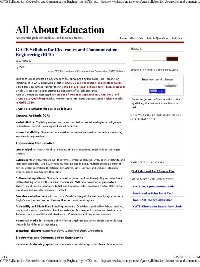 Gate Syllabus For Electronics And Communication Engineering Ece All