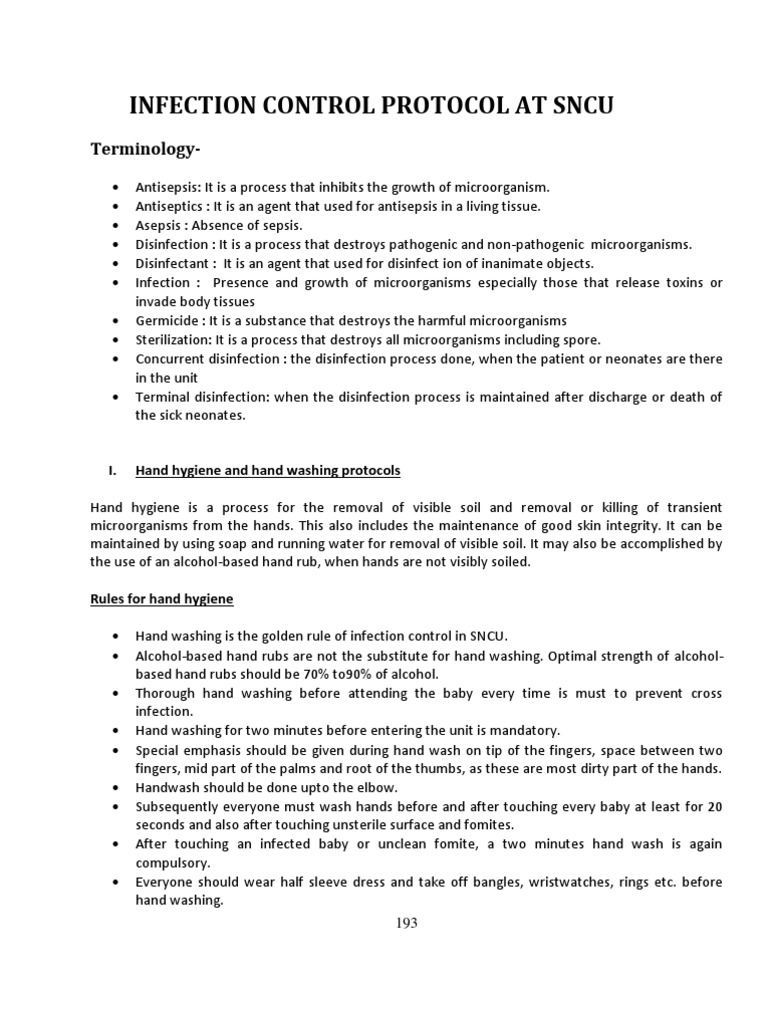 SNCU Infection Control Protocol Guide | PDF | Hand Washing ...