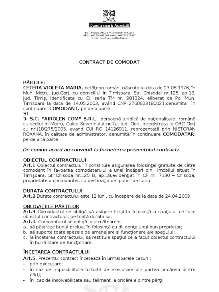 Contract de Comodat Model 01 | PDF