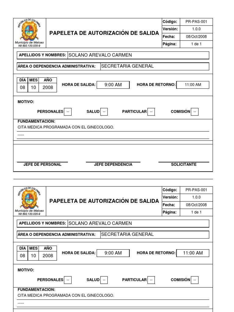 Formato Papeleta Autorizacion Salida