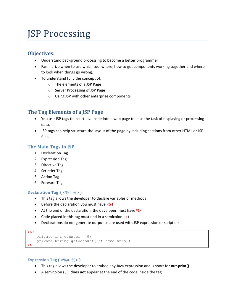 JSP Processing Java Server Pages Java Programming Language