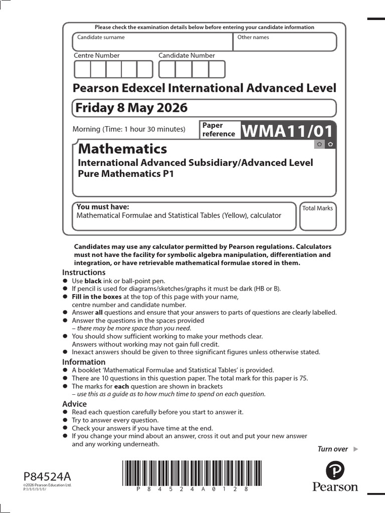 2606 WMA11 - 01 IAL Pure Mathematics P1 June 2026 PDF | PDF | Area ...