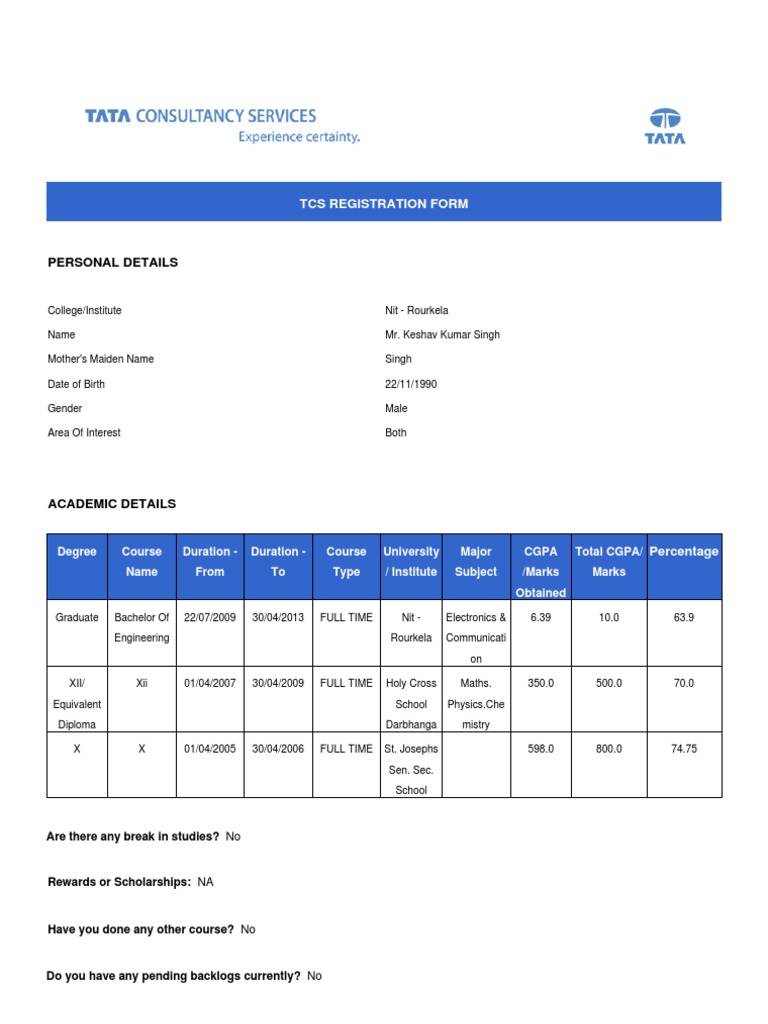 TCS Registration Form for Traineeship | PDF | Short Message Service ...