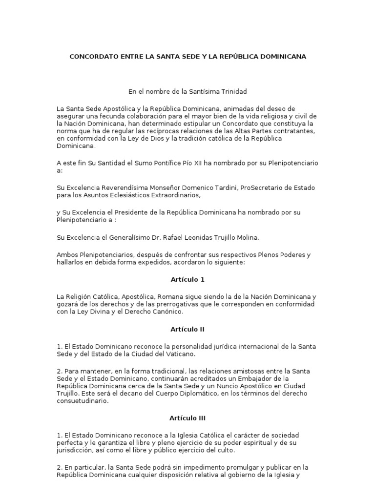 Concordato Entre La Santa Sede y La República Dominicana PDF Santa