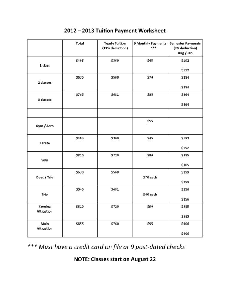 Tui-on Payment Worksheet 2012-2013 | PDF