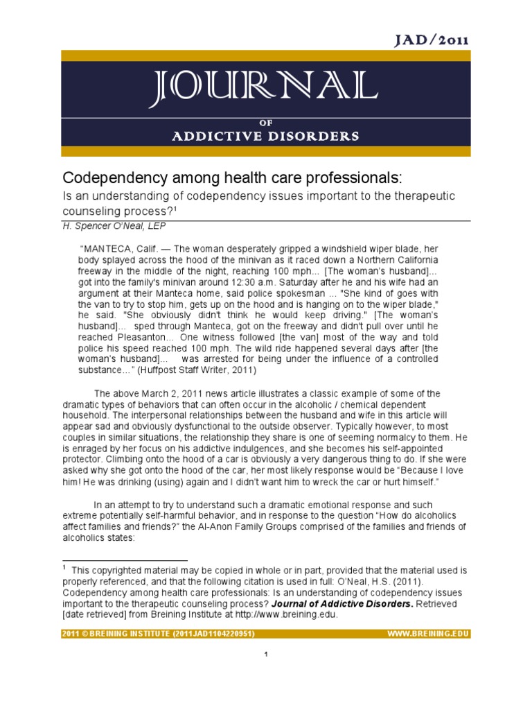 Codependency Among Health Care Professionals: Is An Understanding of ...