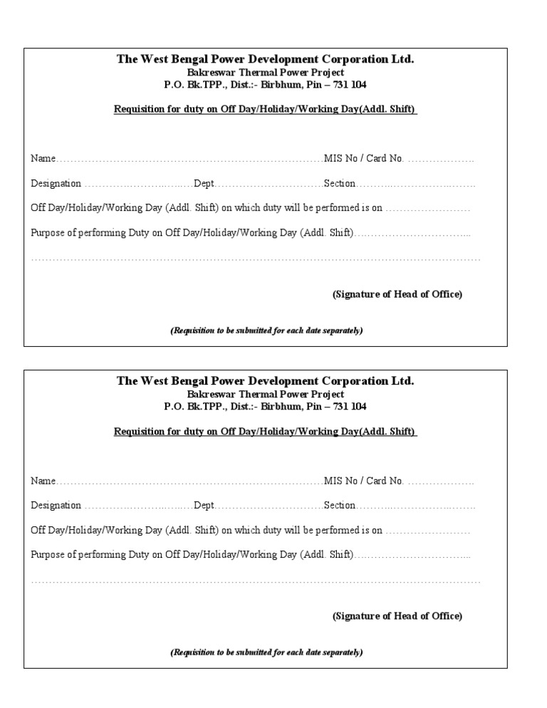 Bakreswar Thermal Power Duty Requisition | PDF