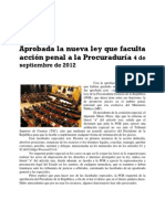 Aprobada la nueva ley que faculta acción penal a la Procuraduría 4 de septiembre de 2012