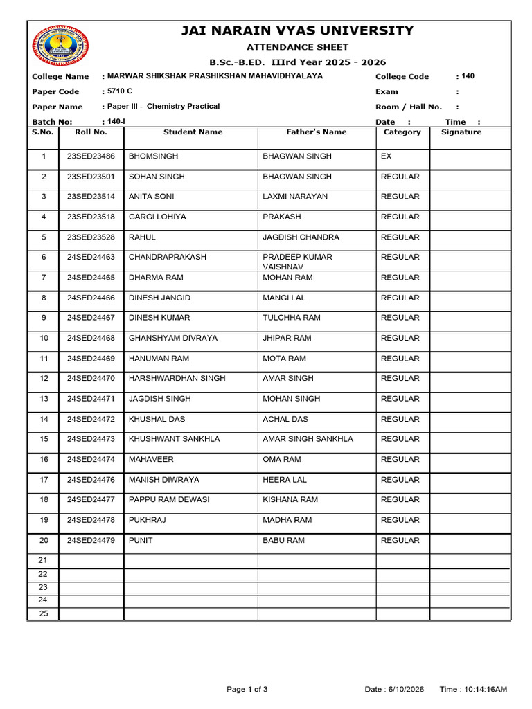 Attendance Sheet With Batch | PDF
