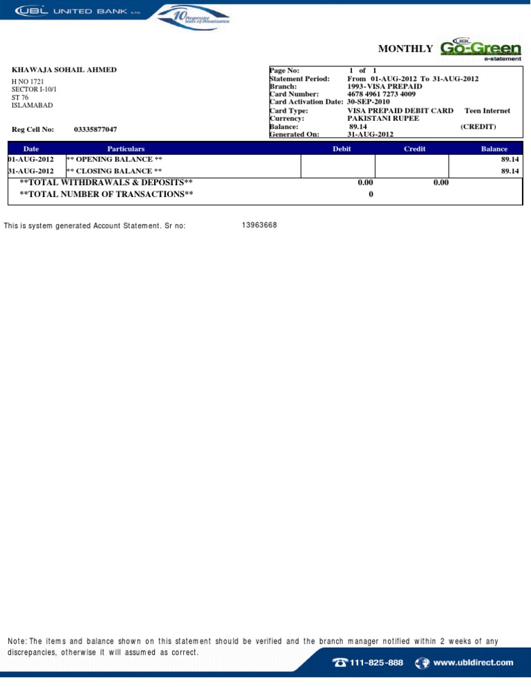 Monthly Account Statement Summary | PDF