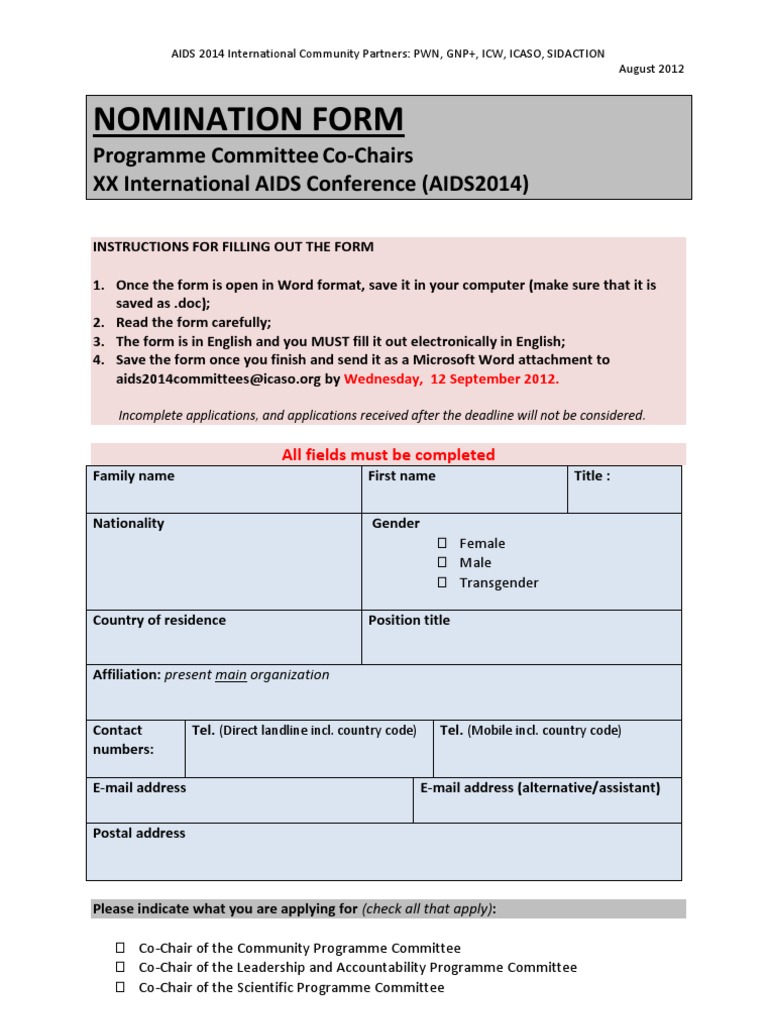 NOMINATION FORM: Programme Committee Co-Chairs (AIDS 2014) | PDF
