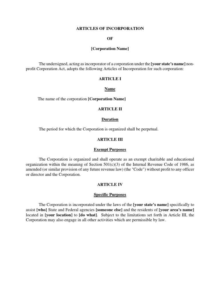 Articles of Incorporation Sample PDF 501(C) Organization Corporations
