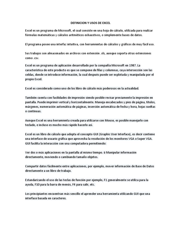 Definición y Usos de Microsoft Excel | PDF | Microsoft Excel | Software ...