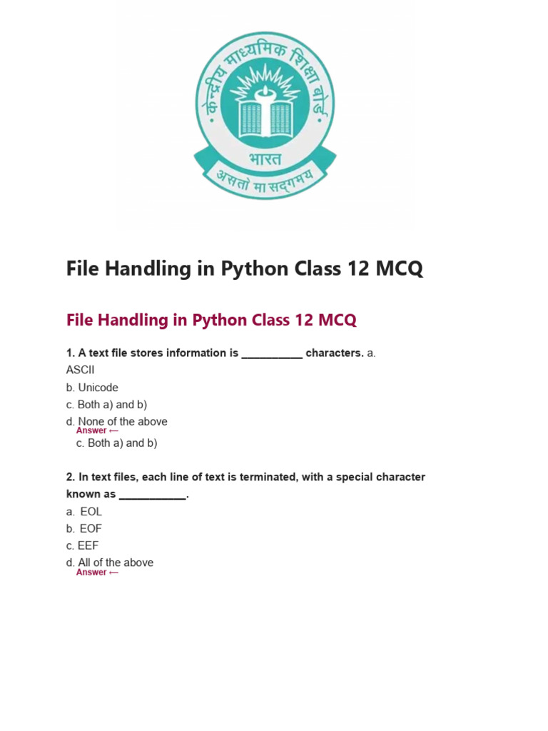 File Handling in Python Class 12 MCQ | PDF | Python (Programming ...