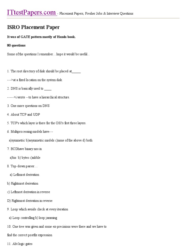 ISRO Placement Paper Sample Questions | PDF