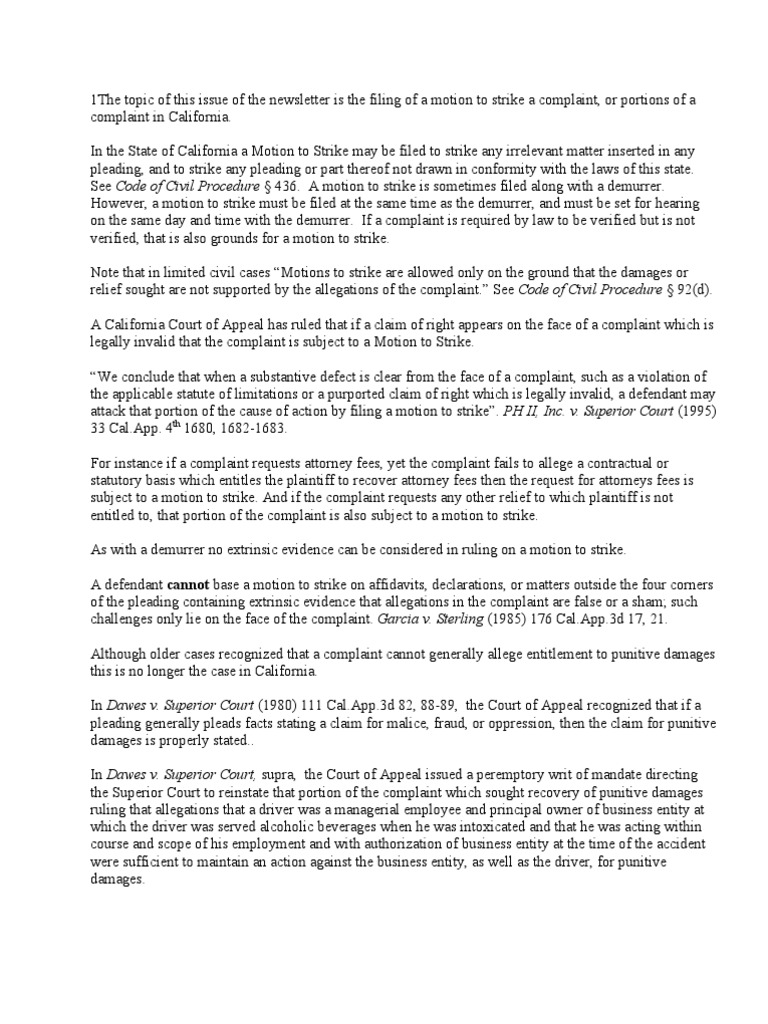 Motion To Strike in California PDF Demurrer Pleading