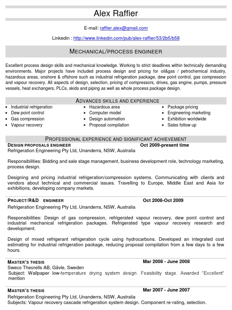 Resume Design Proposal Engineer Alex Raffier | PDF | Refrigeration ...
