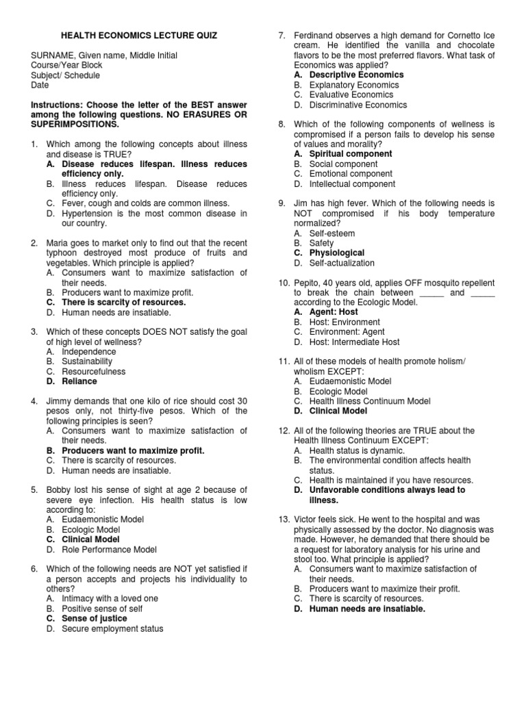 Answer Key of Quiz Health Economics PDF Marginal Utility Economics