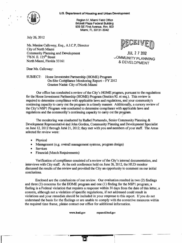 HUD Monitoring North Miami Letter Sept 2012 Verification And