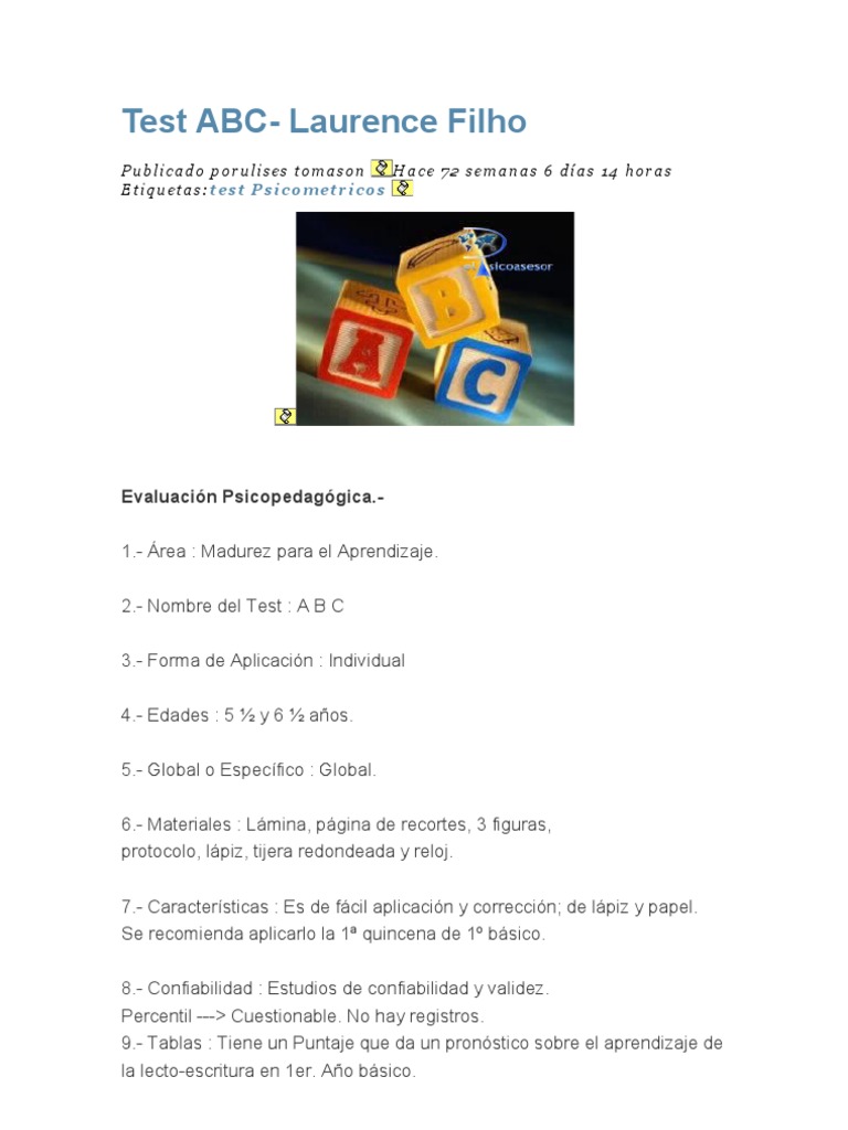 Test ABC de Laurence Filho: Evaluación Infantil | PDF | Memoria ...