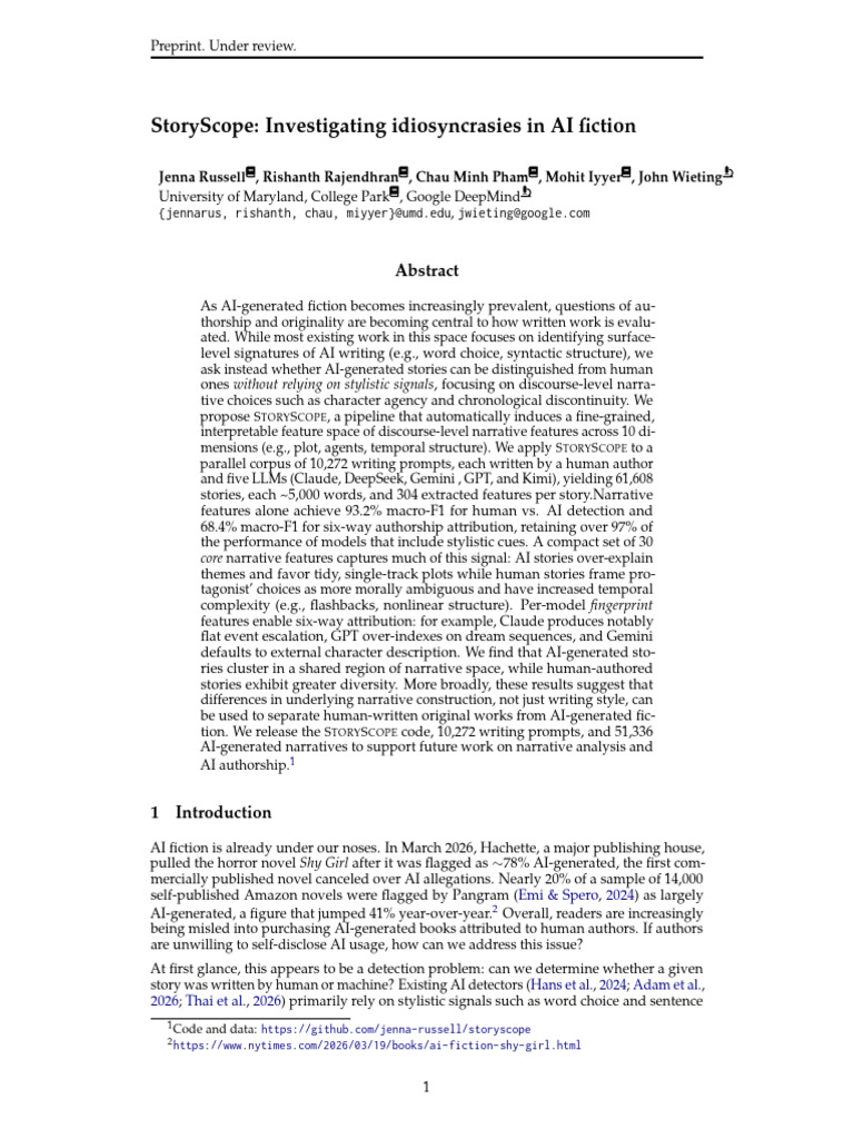 Storyscope: Investigating Idiosyncrasies in Ai Fiction | PDF ...