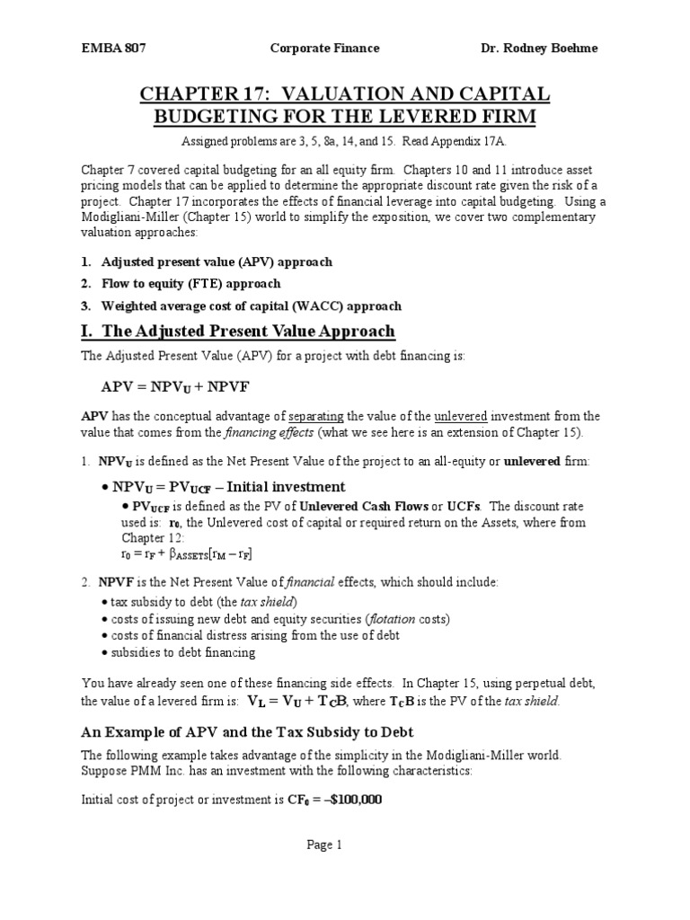 APV and WACC in Capital Budgeting | PDF | Cost Of Capital | Net Present ...