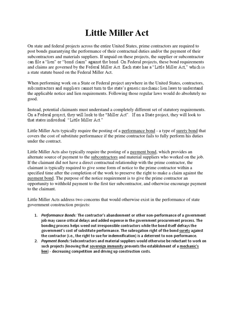Little Miller Act Surety Bond Civil Law (Legal System)