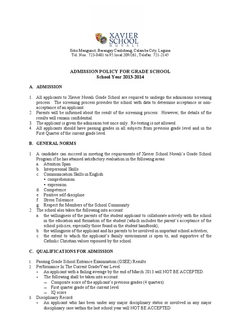 Admission Policy XSN Grade School Identity Document Travel Visa