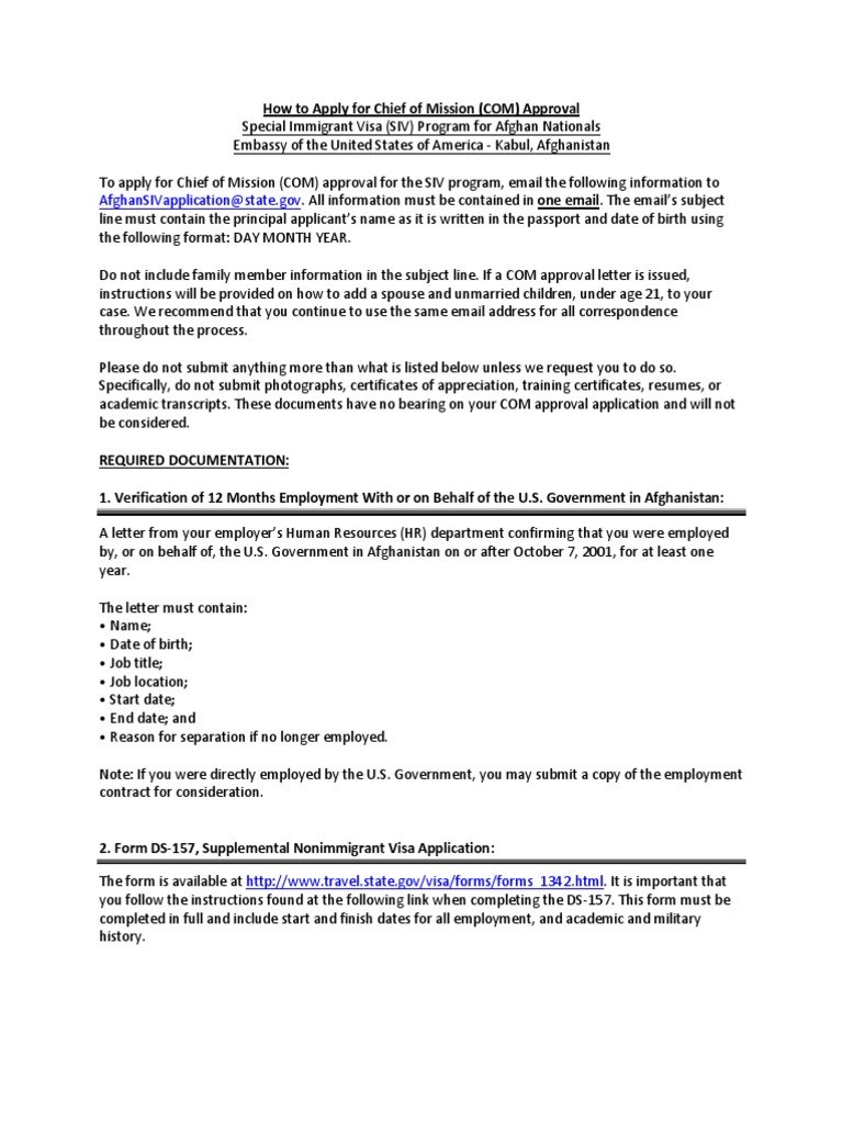 Afghan SIV Guidelines and DS 157 Instructions PDF Travel Visa