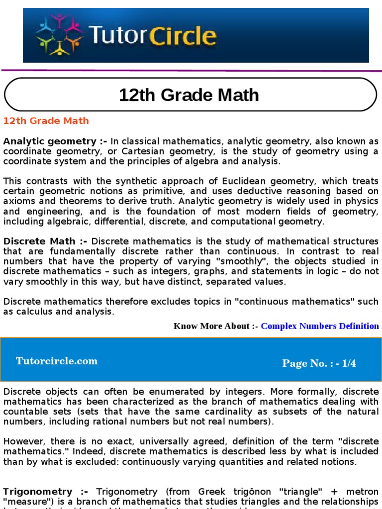 Topic - 12th Grade Math