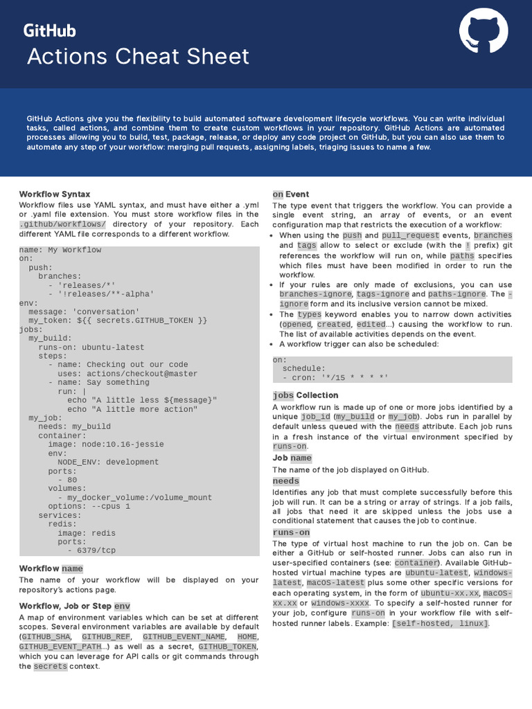 Github Actions Cheat Sheet | PDF | Workflow | Computer File