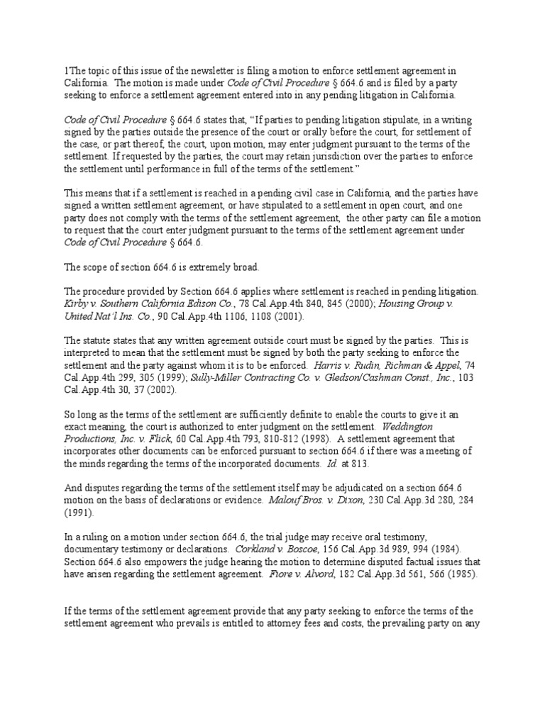 Motion To Enforce Settlement Agreement in California PDF Settlement