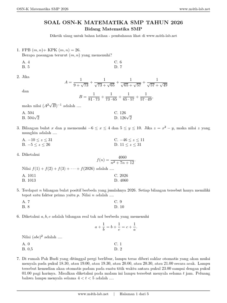 Soal OSN-K Matematika SMP 2026 [Www.m4th-Lab.net] | PDF