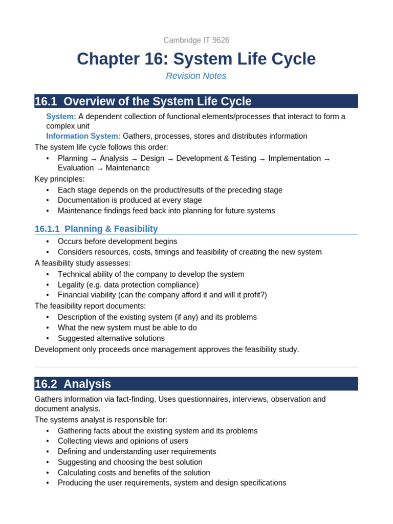 Chapter 16 System Life Cycle Notes | PDF | System | Data