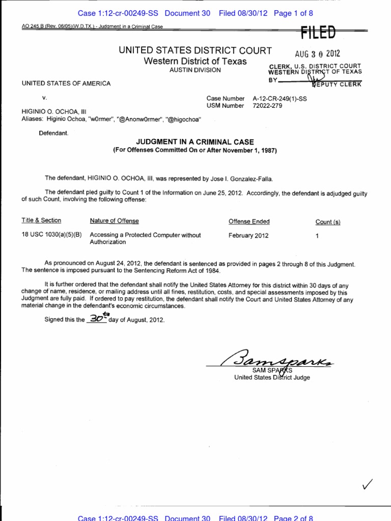 Judgment and Release of Higinio Ochoa III | PDF | United States Federal ...